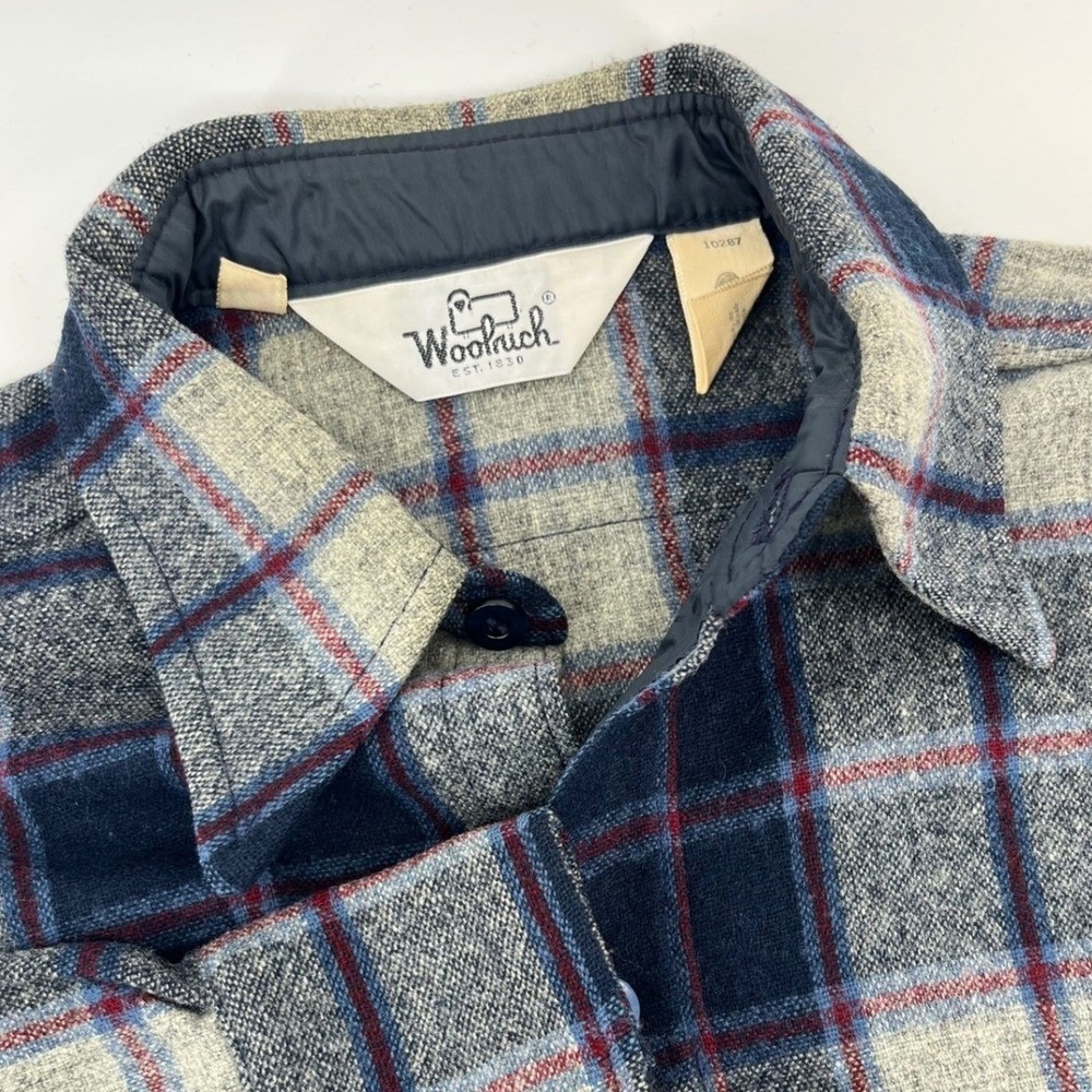 Woolrich Plaid Flannel Shirt Mens Blue Grey Red Vintage 80s 90s Wool Blend